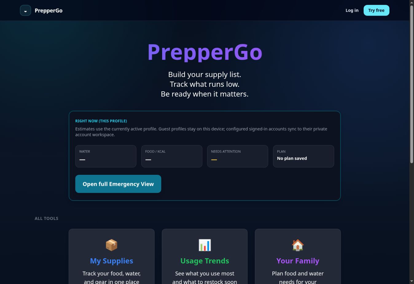 The live PrepperGo dashboard showing household readiness tools
