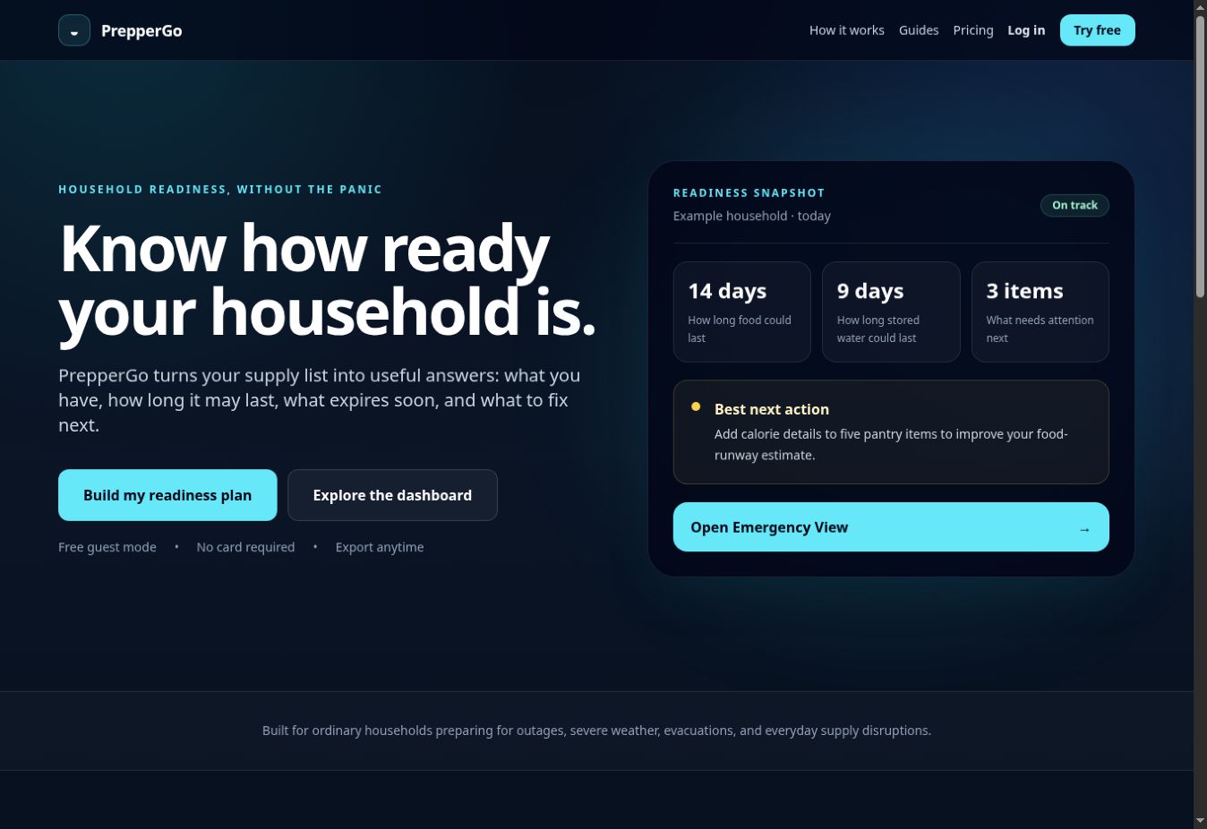 The live PrepperGo homepage and readiness dashboard